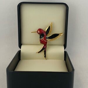 Vintage Jewelry Enamel Hummingbird Brooch Rhinestone Eye